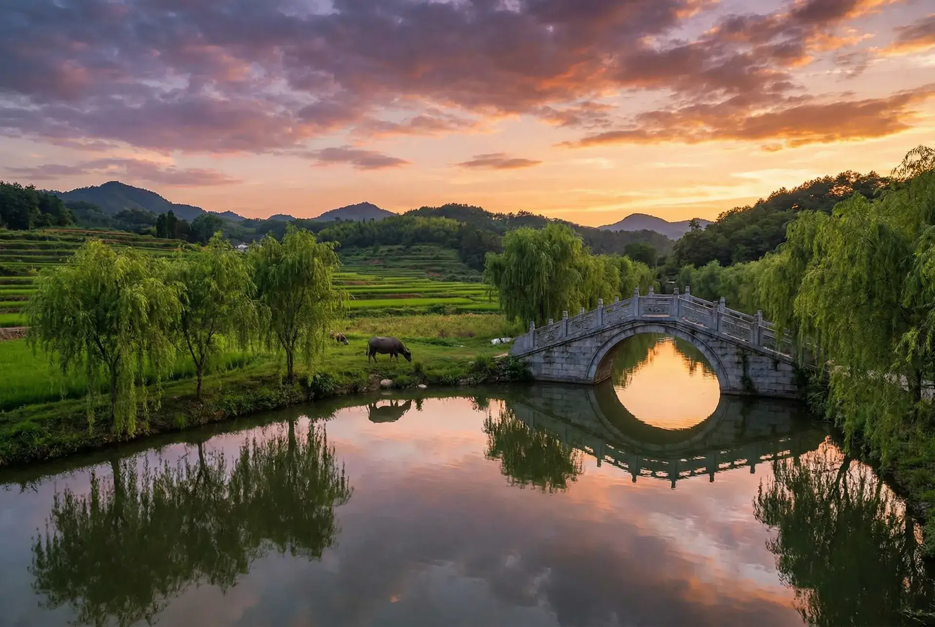夕阳下的石拱桥与垂柳，水牛在河边吃草 - ai裸绘 乡村美景