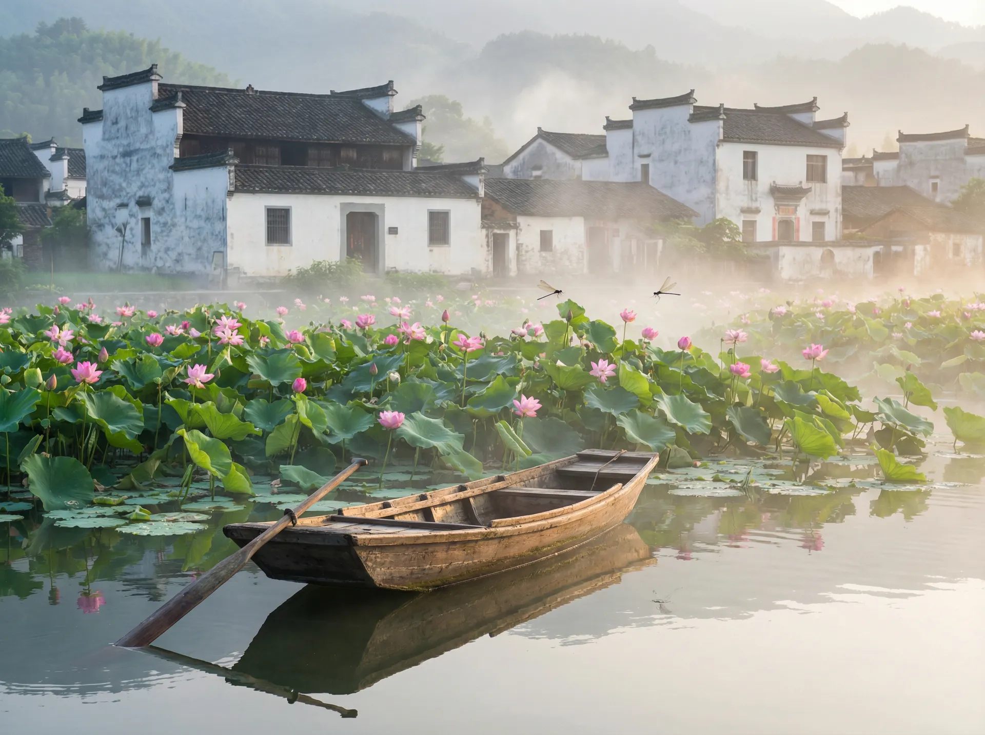 清晨荷塘小舟，粉色荷花盛开，白墙黑瓦的村庄 - ai裸绘 水乡风情